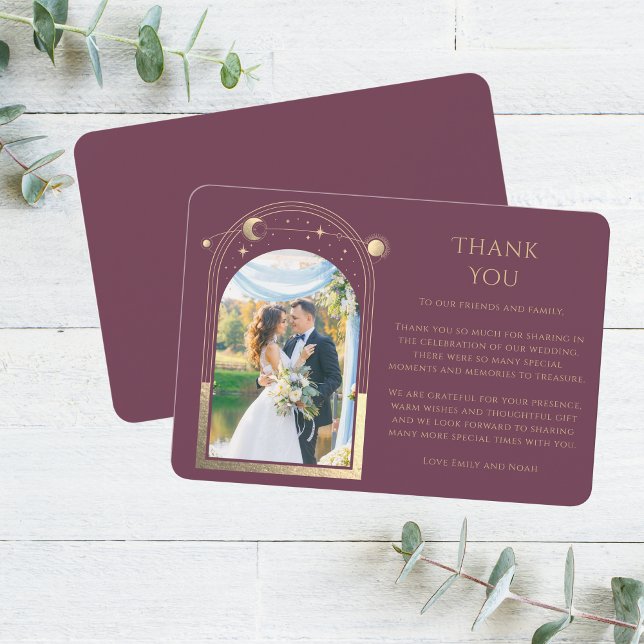 Carte De Remerciements Mariage photo Mystical Chic Plum Gold Star Moon (Créateur téléchargé)