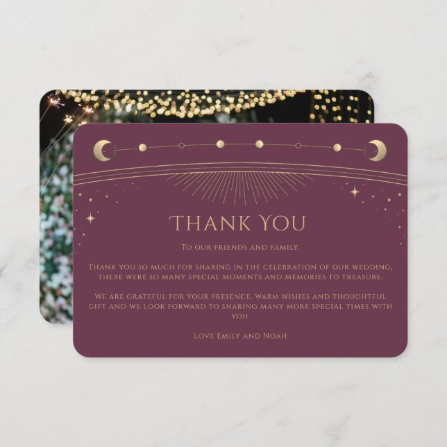 Carte De Remerciements Mariage photo Mystical Chic Plum Gold Star Moon (Devant / Derrière)