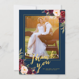 Carte De Remerciements Mariage Photo Or Burgundy Floral Bleu Nuit