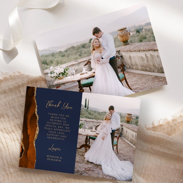 Carte De Remerciements Mariage Photo Orange Brûlé Agate Bleu Marine Or Do (Créateur téléchargé)