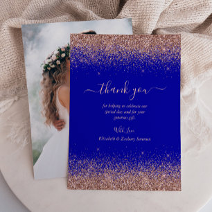 Carte De Remerciements Mariage Photo Paillettes Bleu Royal Rose Doré