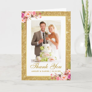Carte De Remerciements Mariage Photo Parties scintillant or rose Floral P