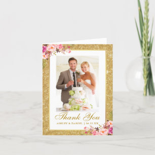 Carte De Remerciements Mariage Photo Parties scintillant or rose florale