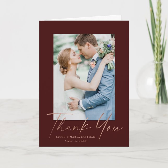 Carte De Remerciements Mariage photo rose Gold Script (Devant)