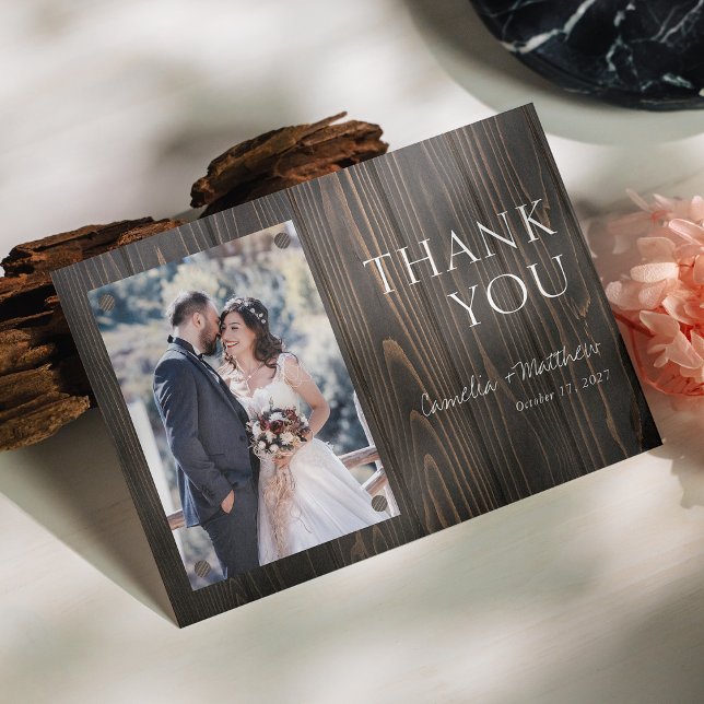 Carte De Remerciements Mariage photo Rustic Dark Wood (Personalized Rustic Dark Wood Photo Wedding Thank You Card)