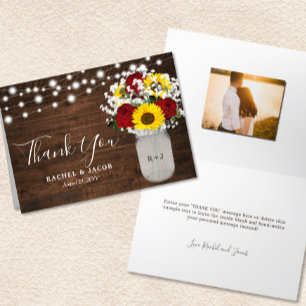 Carte De Remerciements Mariage photo Rustic Sunflower Roses Jar Lights