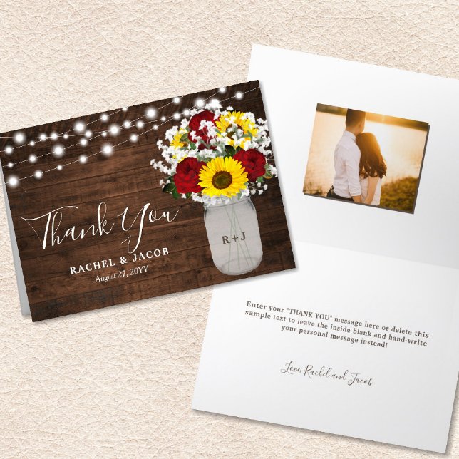 Carte De Remerciements Mariage photo Rustic Sunflower Roses Jar Lights (Rustic Sunflowers Roses Jar Lights Photo Wedding Thank You Card)