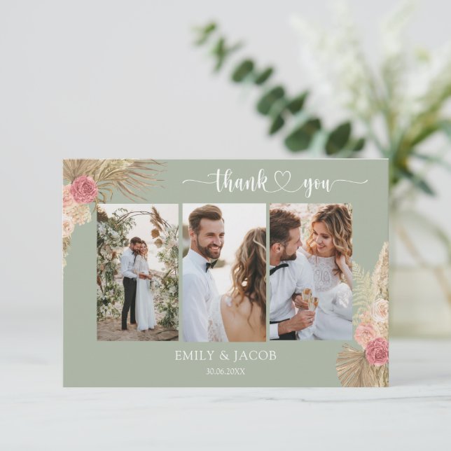 Carte De Remerciements Mariage photo Sage green Boho (Debout devant)