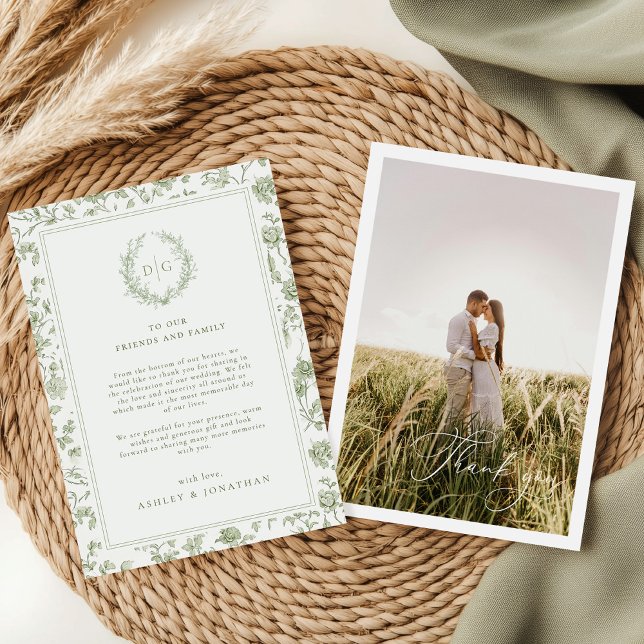 Carte De Remerciements Mariage photo Sage Green Chinoiserie (Créateur téléchargé)