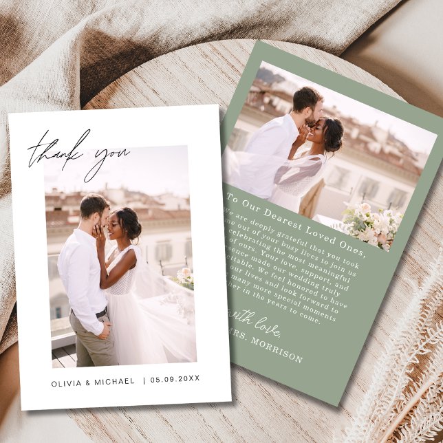 Carte De Remerciements Mariage photo Sage Green Script (Créateur téléchargé)