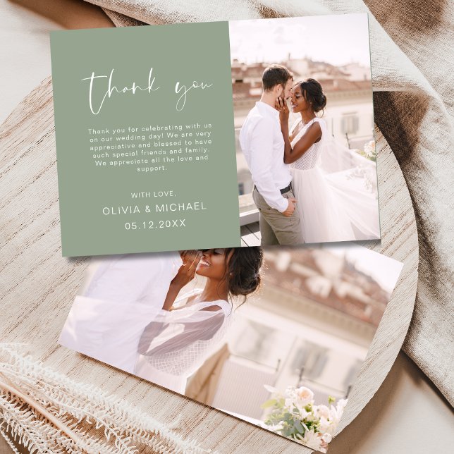 Carte De Remerciements Mariage photo Sage Green Script (Créateur téléchargé)