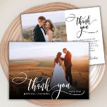 Carte de remerciements Mariage photo Script 2 élég<br><div class="desc">Moderne Elegant Chic Boho Calligraphie Script Mariage 2 Carte de remerciements photo. Un mariage élégant vous remercie modèle avec une photo verticale complète sur le devant avec le texte "Merci" dans une main tourbillonnant fantaisie lettrage typographie script swash tail police blanc overlay sur l'image et un côté inverse (1) photo...</div>