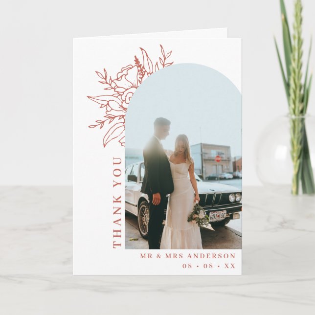 Carte De Remerciements Mariage photo simple en terre cuite florale en arc (Devant)