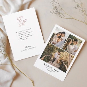 Carte De Remerciements Mariage photo simple et élégant de monogramme rose