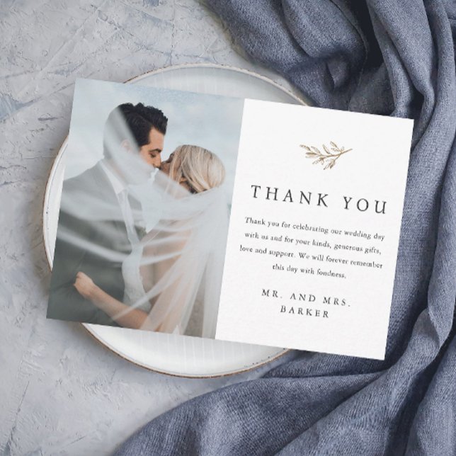 Carte De Remerciements Mariage photo Simple Gold Branch (Elegant simple wedding photo thank you card with minimal greenery leaves gold branch detail.)