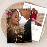 Carte de remerciements Mariage photo stylé Gold Sc<br><div class="desc">Boho Chic Gold Calligraphy Script 2 Mariage photo Carte de remerciements. Un mariage élégant vous remercie modèle avec une photo pleine verticale sur le devant avec le texte "Merci" dans une main tourbillonnant fantaisie lettrage typographie swash tail police script faux feuille d'or superposition sur l'image. Carte recto verso avec 2...</div>
