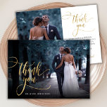 Carte de remerciements Mariage photo stylé Gold Sc<br><div class="desc">Moderne Elegant Boho Chic Gold Calligraphie Script Mariage 2 Carte de remerciements photo. Un mariage élégant vous remercie modèle avec une photo verticale complète sur le devant avec le texte "Merci" dans une main tourbillonnant fantaisie lettrage typographie script swash tail police overlay sur l'image et un côté inverse (1) photo...</div>