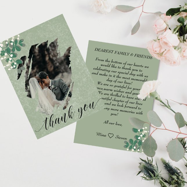 Carte De Remerciements mariage photo vert eucalyptus et Gypsophila (Créateur téléchargé)