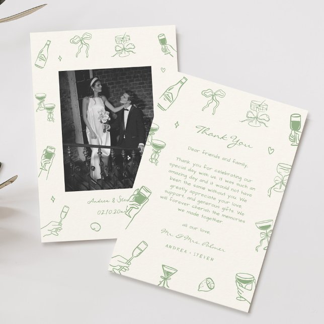 Carte De Remerciements Mariage photo vert tiré à la main (Créateur téléchargé)