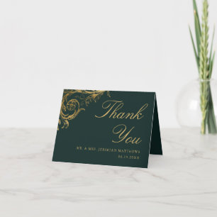 Carte De Remerciements Mariage photo vintage Green Gold Floral Damask