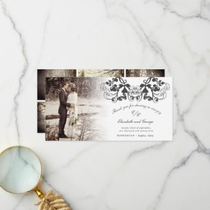 Carte De Remerciements Mariage photo Vintage noir Damask Floral Floural