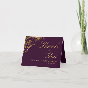 Carte De Remerciements Mariage photo vintage Purple Gold Floral Damask