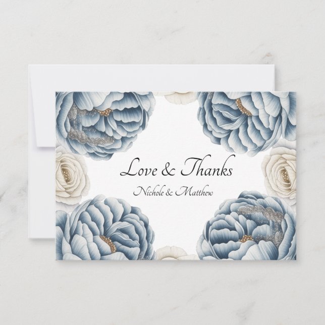 Carte De Remerciements Mariage Pivoine et Bleu Poussiéreux et Blanc (Devant)