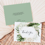 Carte De Remerciements Mariage plat géométrique Gold Tropical<br><div class="desc">Ce carte de remerciements de mariage plat aux couleurs géométriques or tropical est parfait pour un mariage de destination. Le design est composé d'or aquarelle peint à la main et de feuilles de palmiers verts et de bananes aux fleurs roses entassées dans des bouquets, ornant un cadre géométrique. Personnalisez l'intérieur...</div>
