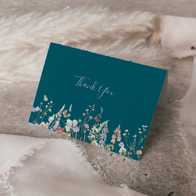 Carte De Remerciements Mariage plié vert Fleur sauvage multicolore (Créateur téléchargé)