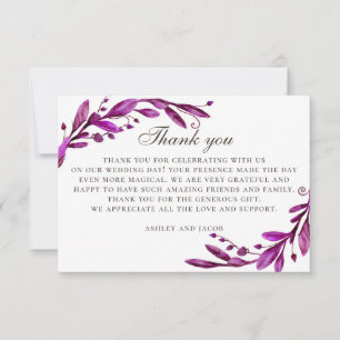 Carte De Remerciements Mariage pourpre aquarelle. Élégante botanique lila