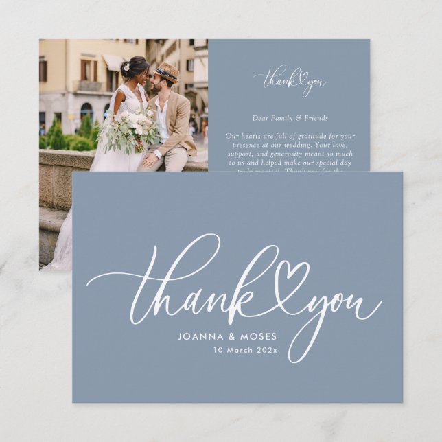 Carte De Remerciements Mariage Poussiéreux Bleu Script Blanc (Devant / Derrière)