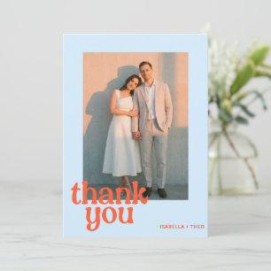 Carte De Remerciements Mariage rétro bleu orange photo gras groovy modern