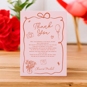 Carte De Remerciements Mariage rétro rose rouge illustration dessinée à l