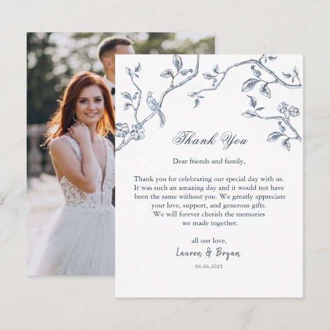 Carte De Remerciements Mariage robe française toile bleue et blanche (Devant / Derrière)