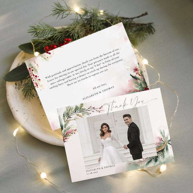 Carte De Remerciements Mariage Romantique de Noël d'Hiver Remerciements P (winter christmas wedding bridal shower thank you card greenery botanical berries red green gold chic)