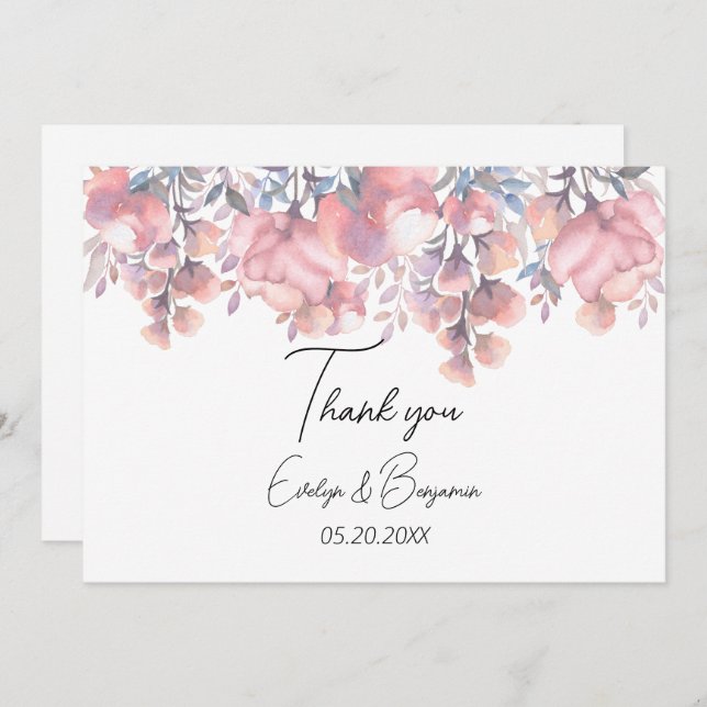 Carte De Remerciements Mariage rose à fleurs Dusty (Devant / Derrière)