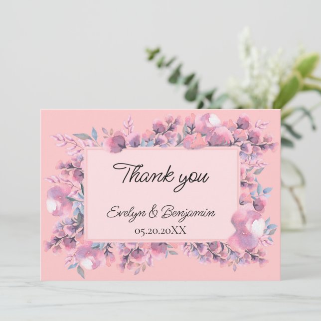 Carte De Remerciements Mariage rose à fleurs Dusty (Debout devant)
