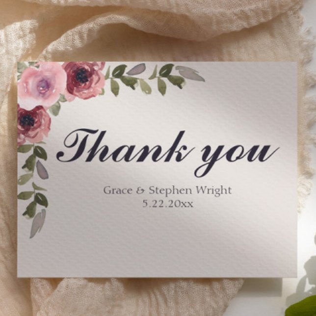 Carte de remerciements Mariage rose aquarelle (watercolor floral pink rose thank you wedding card)