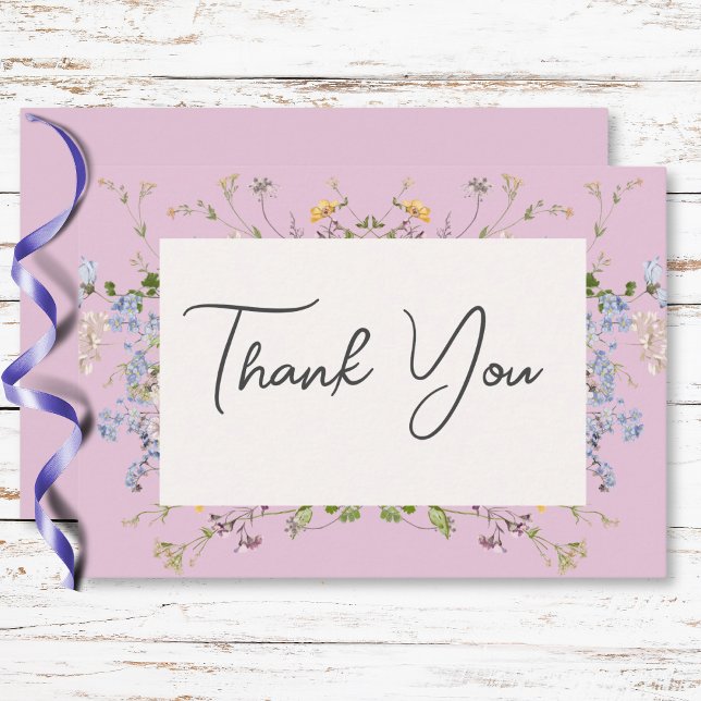 Carte De Remerciements Mariage rose Fleur sauvage Boho délicat (Delicate Boho Wildflowers Pink Wedding Thank You Card)