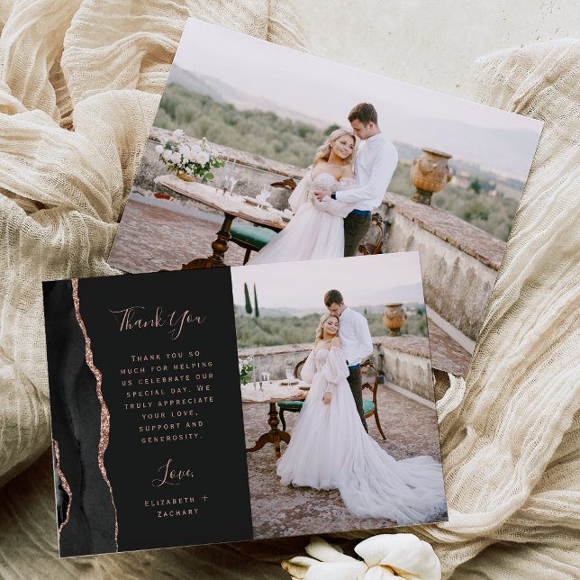 Carte De Remerciements Mariage Rose Gold Script Agate Noir Photo (Créateur téléchargé)