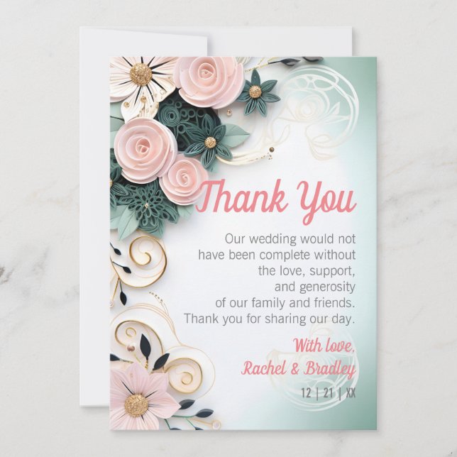 Carte De Remerciements Mariage rose papier Quill Minéral vert Customisé (Devant)