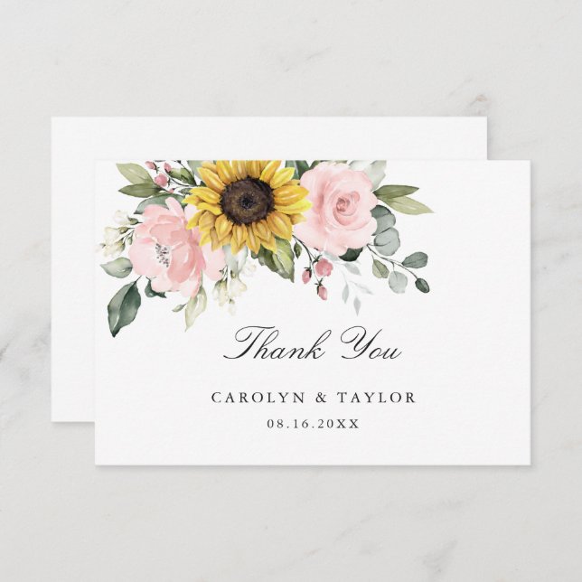 Carte De Remerciements Mariage rose rose floral rose pâle des tournesols (Devant / Derrière)