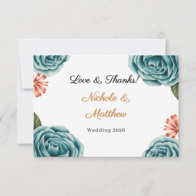 Carte De Remerciements Mariage Rose sarcelle & Daisy Orange  (Devant)