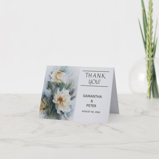 Carte De Remerciements Mariage, Roses Aquarelle, Vert Sage, Élégant (Devant)