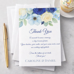 Carte De Remerciements Mariage Royal Bleu Royal Fleurs Aquarelle Ivoire