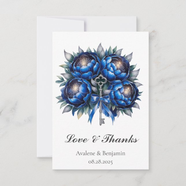 Carte De Remerciements Mariage Royal Blue et Silver Peony (Devant)