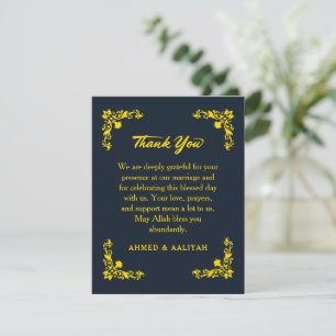 Carte De Remerciements Mariage Royal Contraste Fleurs Bleu Nuit et Or