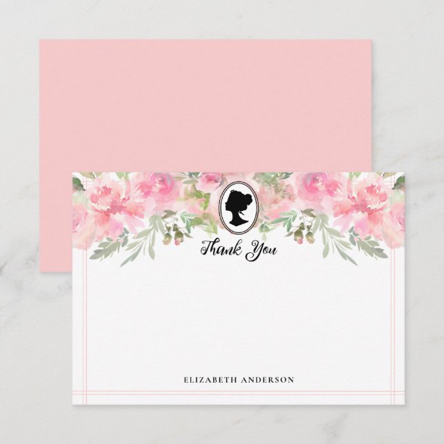 Carte De Remerciements Mariage Royal de Style Régence Fleurs Roses Pâles  (Devant / Derrière)