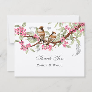Carte De Remerciements Mariage RSVP Oiseaux de l'Amour Vintage Rose & Gri