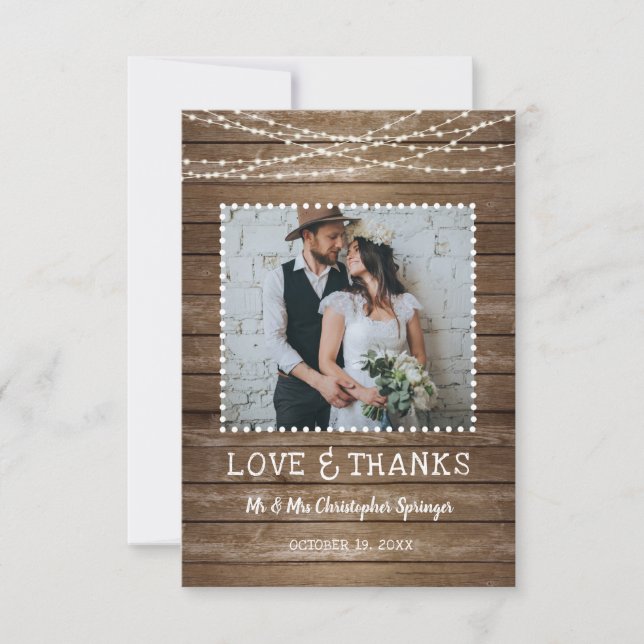 Carte De Remerciements Mariage Rustic Wood LOVE & THANKS String Lights (Devant)